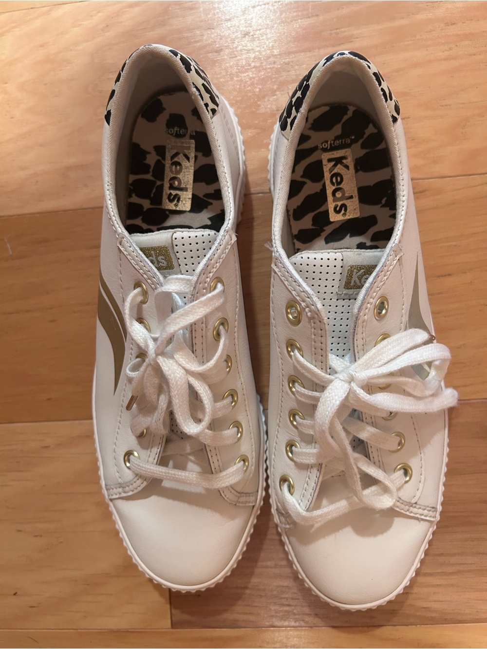 Keds White Sneakers with Gold Accents and Leopard Insole